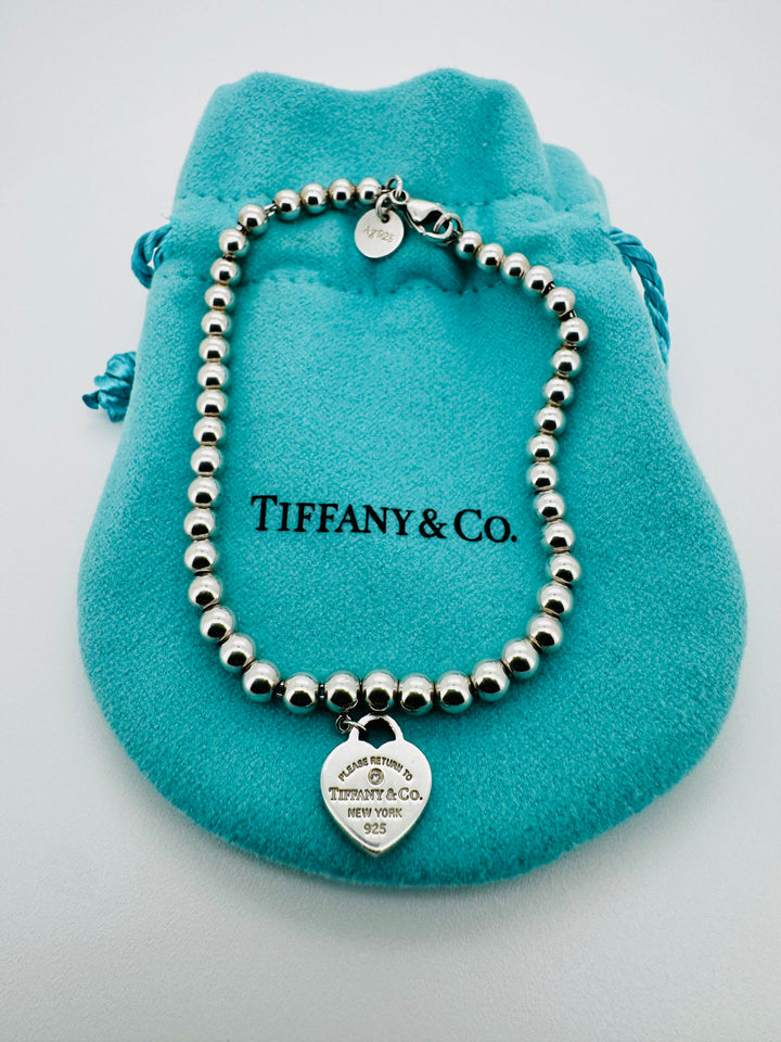 Tiffany & Co Blue Enamel And Diamond 925 Heart Bead Bracelet With Box & Pouch