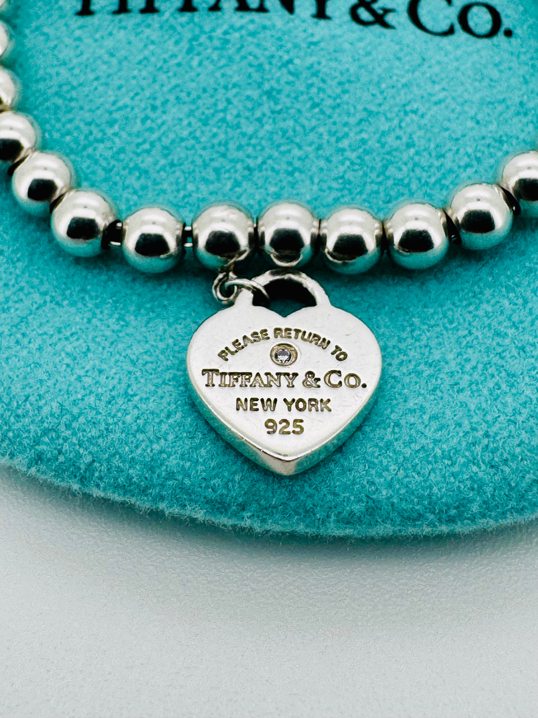 Tiffany & Co Blue Enamel And Diamond 925 Heart Bead Bracelet With Box & Pouch