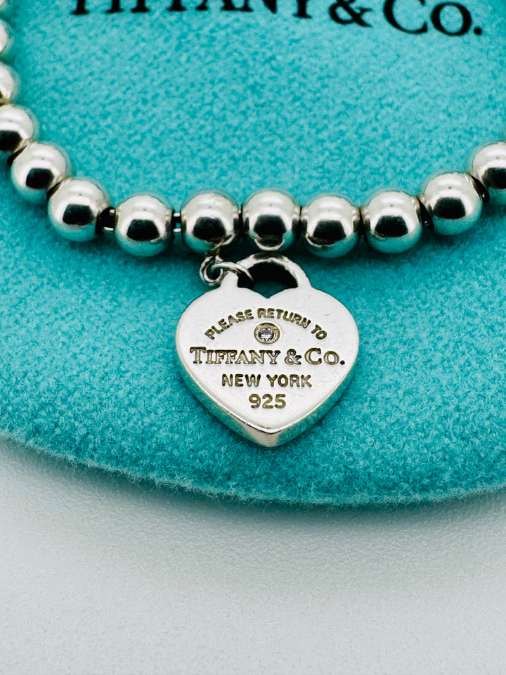 Tiffany & Co Blue Enamel And Diamond 925 Heart Bead Bracelet With Box & Pouch