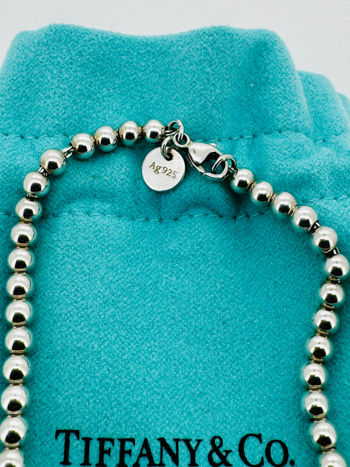 Tiffany & Co Blue Enamel And Diamond 925 Heart Bead Bracelet With Box & Pouch