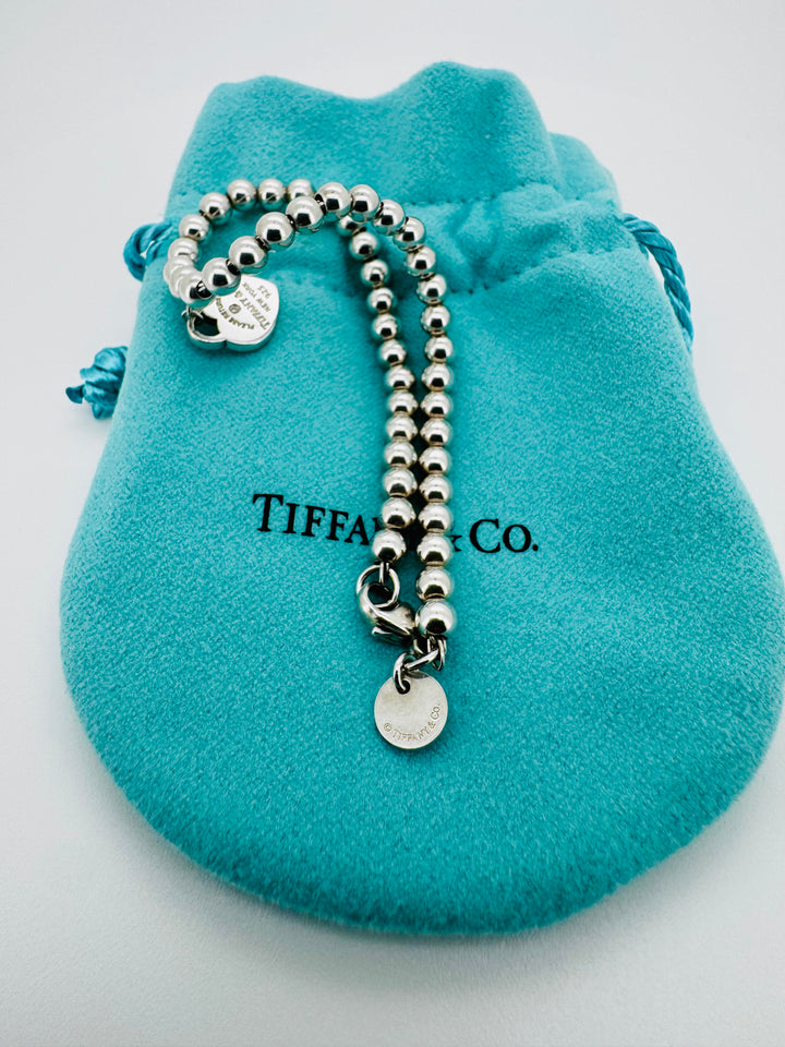 Tiffany & Co Blue Enamel And Diamond 925 Heart Bead Bracelet With Box & Pouch