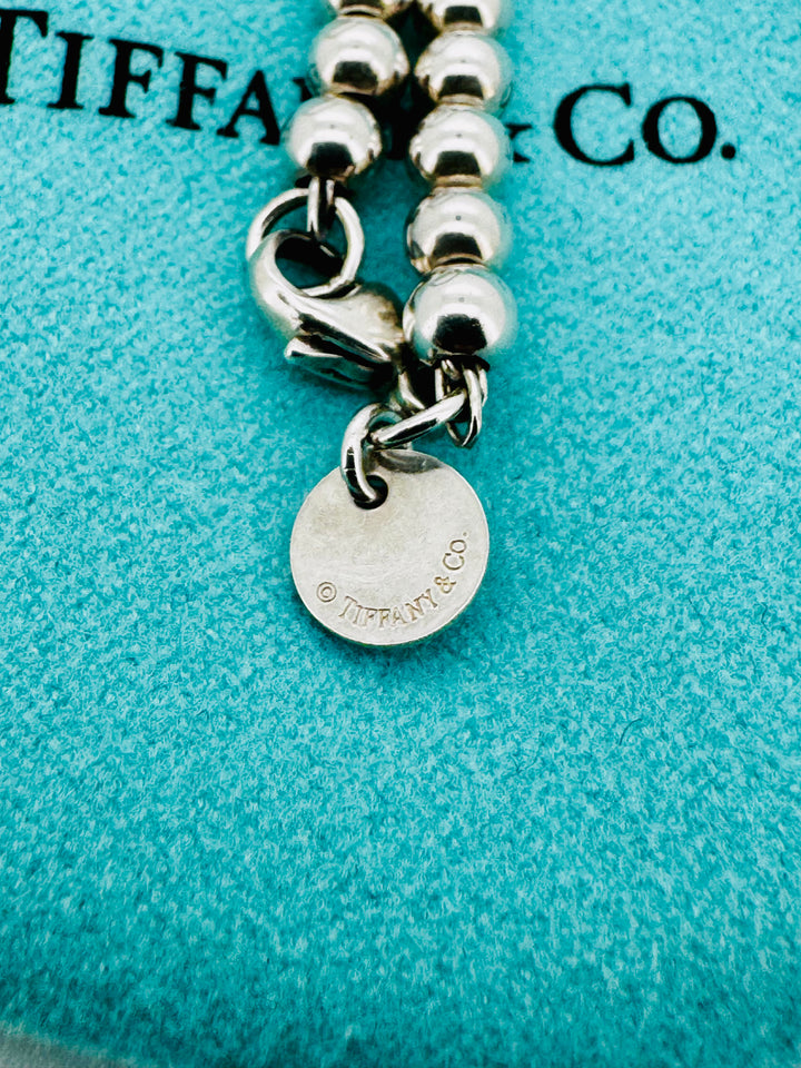 Tiffany & Co Blue Enamel And Diamond 925 Heart Bead Bracelet With Box & Pouch
