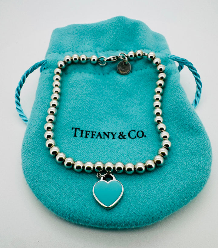 Tiffany & Co Blue Enamel And Diamond 925 Heart Bead Bracelet With Box & Pouch