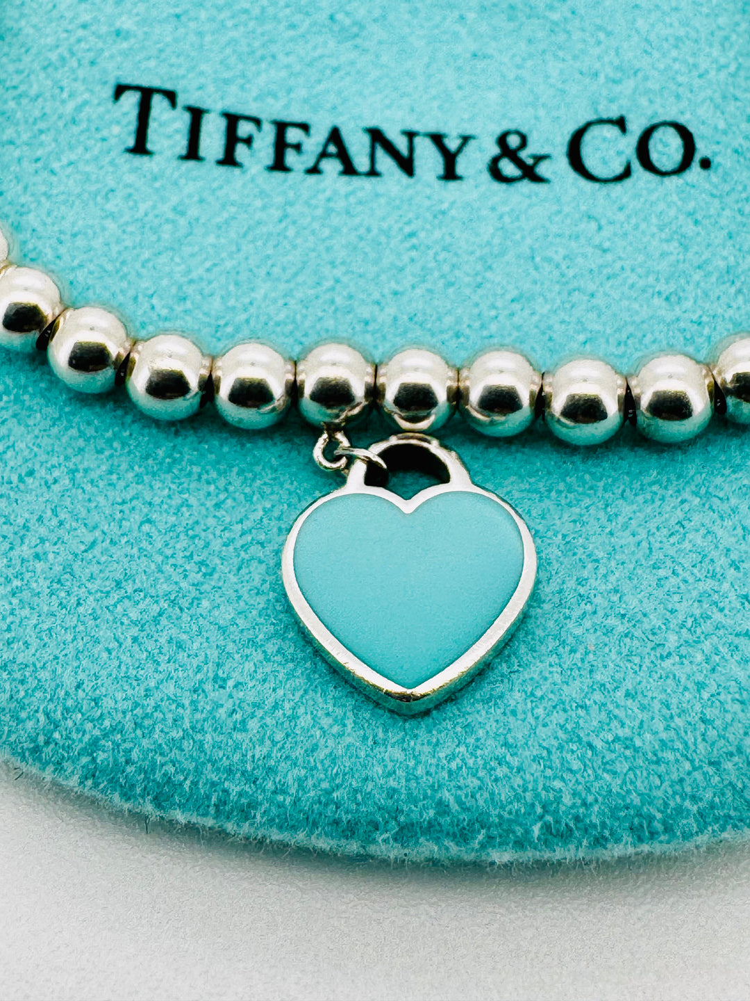 Tiffany & Co Blue Enamel And Diamond 925 Heart Bead Bracelet With Box & Pouch