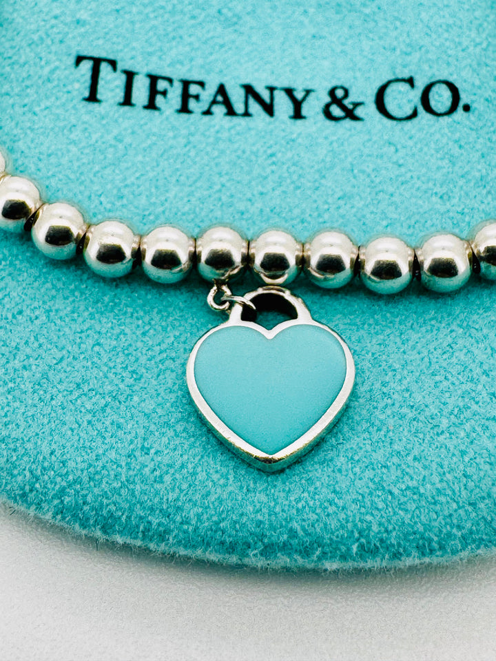 Tiffany & Co Blue Enamel And Diamond 925 Heart Bead Bracelet With Box & Pouch